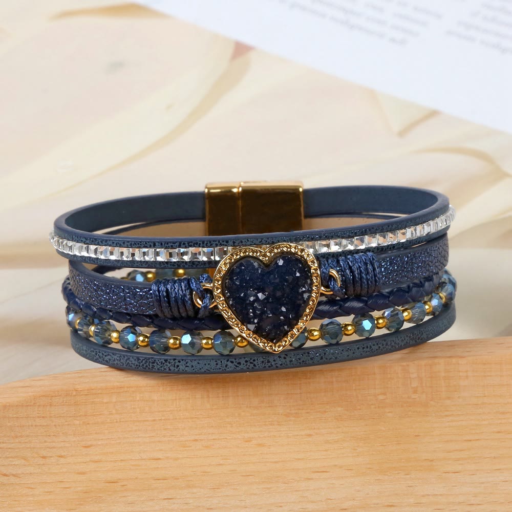 Olivenorma Heart Shape Cluster Multilayer Braided Leather Bracelet