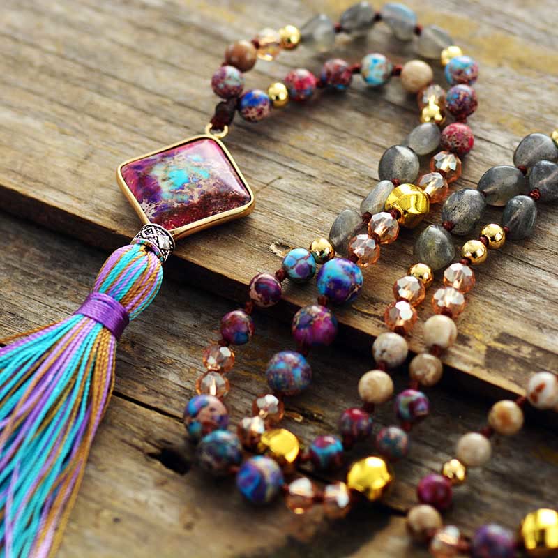 Olivenorma Mala Beads Natural Stone Chakra Tassel Necklace