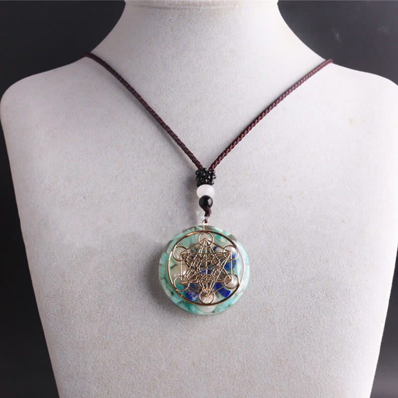 Olivenorma Amazonite Lapis Lazuli Pearl Metatron's Cube Pendant Necklace