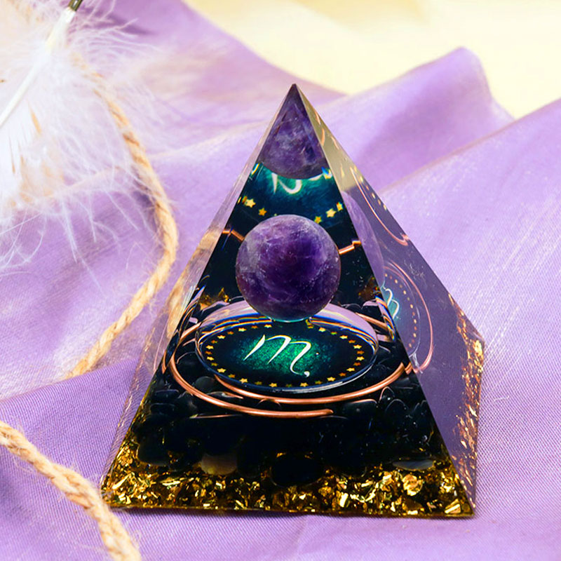 Olivenorma Amethyst Sphere With Obsidian Zodiac Scorpio Orgone Pyramid