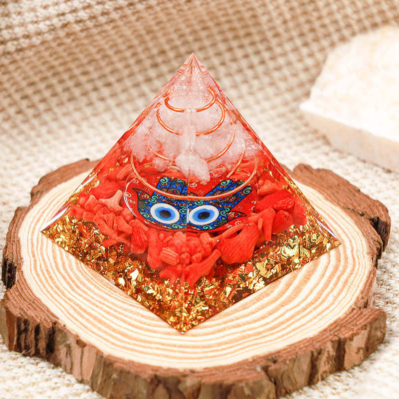 Olivenorma Clear Quartz With Red Coral Hamsa & Evil Eye Orgone Pyramid