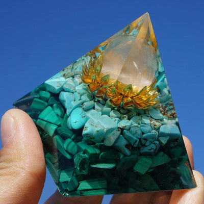 Olivenorma Clear Crystal Turquoise Malachite Lotus Symbol Orgone Pyramid