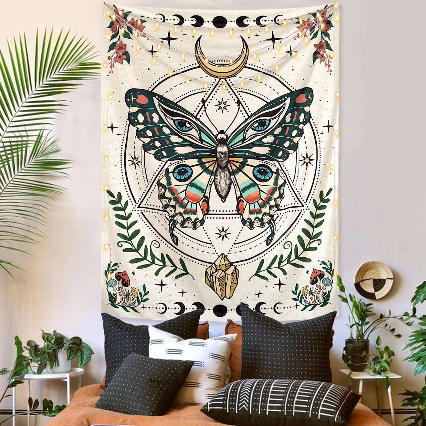 Olivenorma Boho Butterfly Moth Flower Moon Phase Tapestry