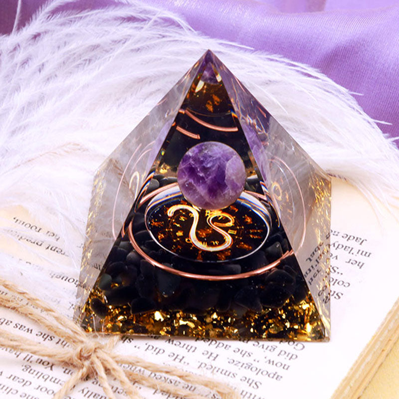 Olivenorma Amethyst Sphere With Obsidian Zodiac Leo Orgone Pyramid