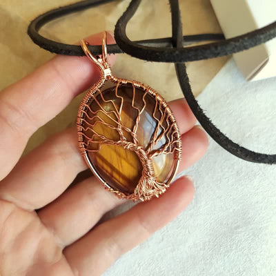 Olivenorma Oval Tiger Eye Tree Of Life Gemstone Necklace