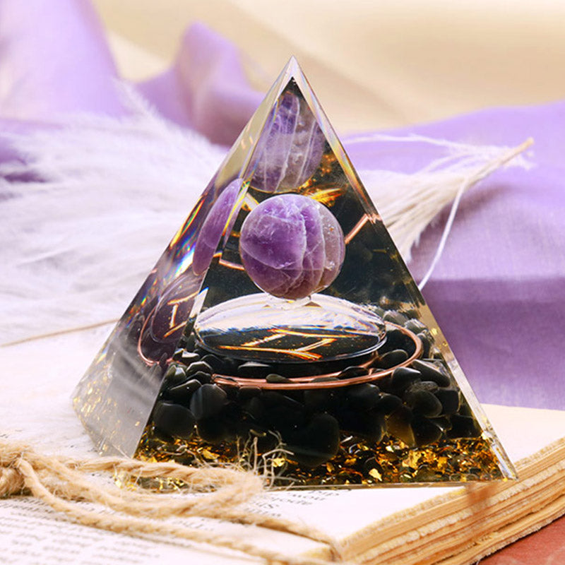 Olivenorma Amethyst Sphere With Obsidian Zodiac Gemini Orgone Pyramid