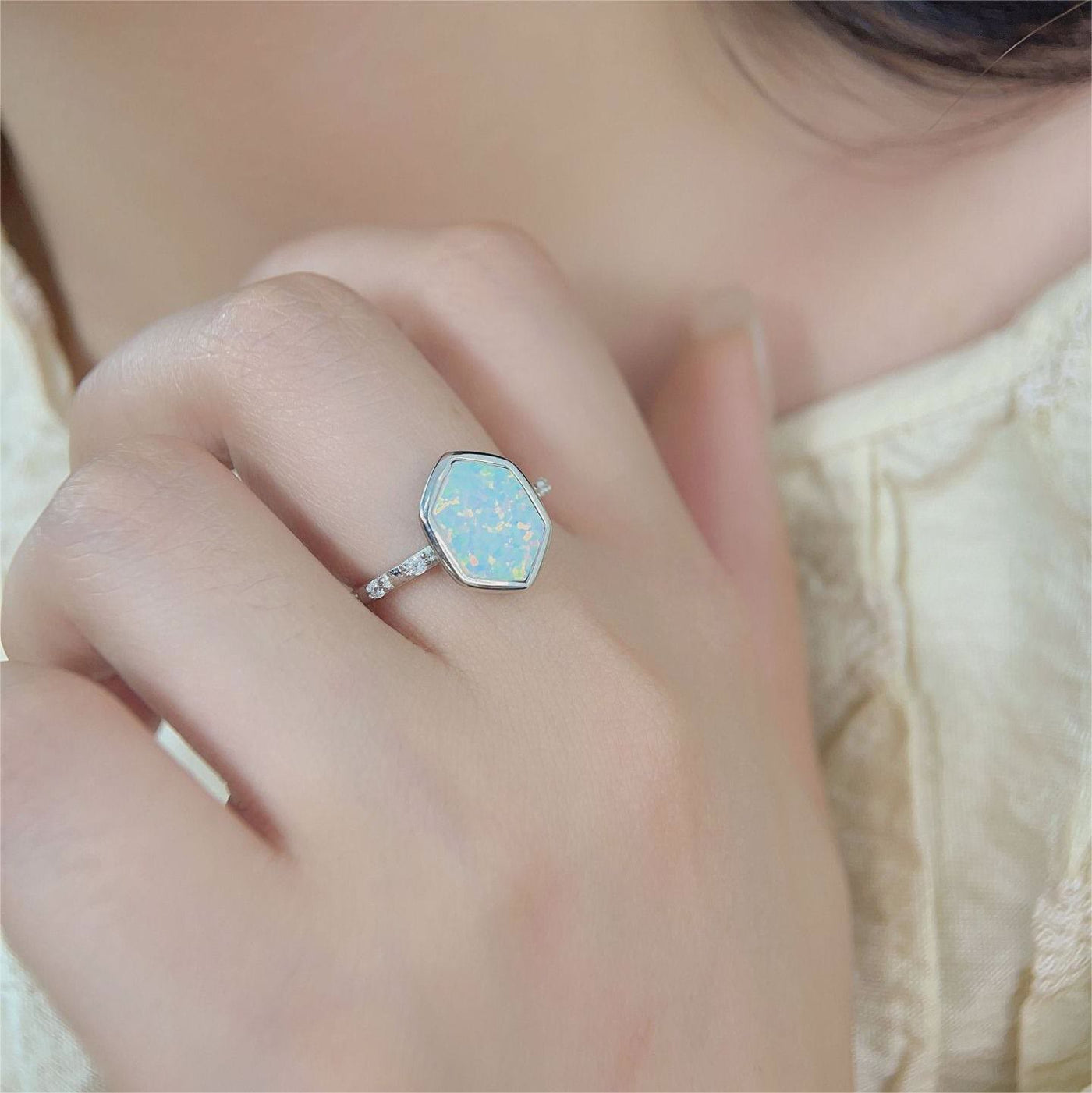 Olivenorma Hexagon Opal Rough Zircon Ring