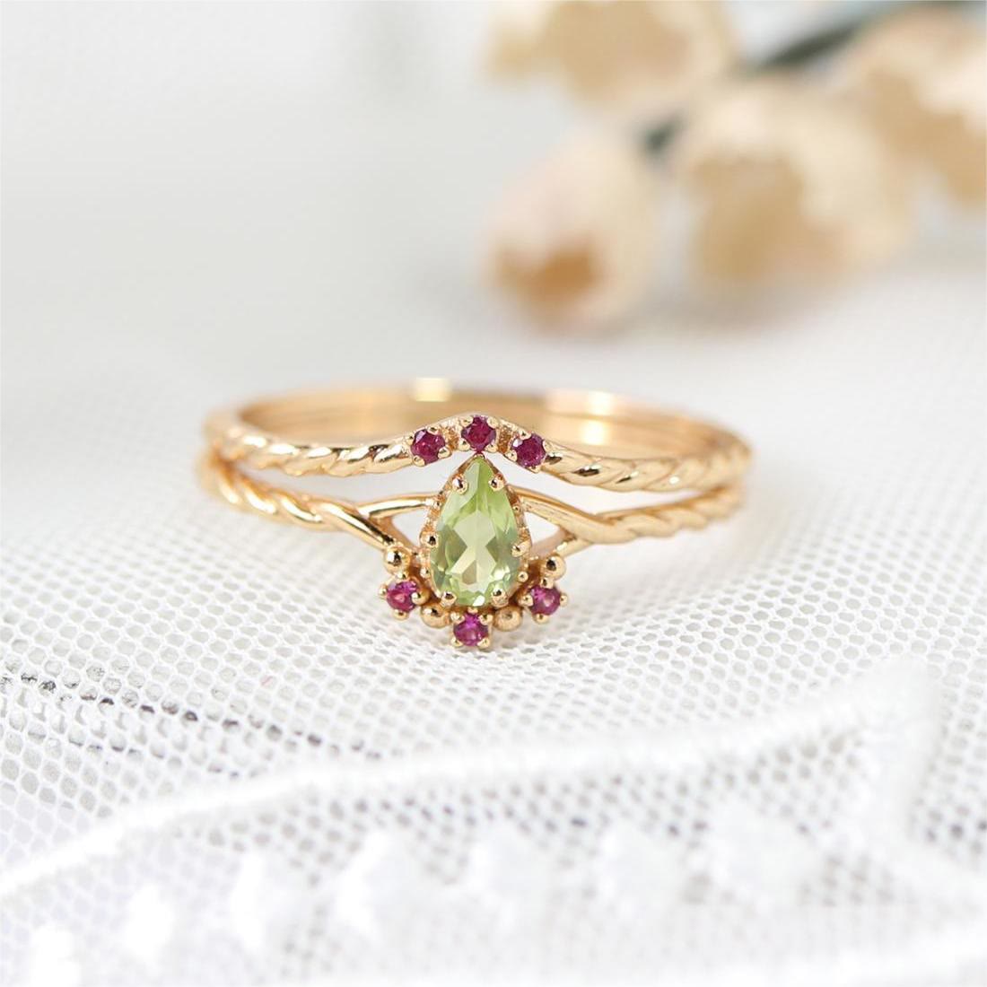 Olivenorma Dainty Peridot Pink Crystal Stacking Adjustable Ring Set