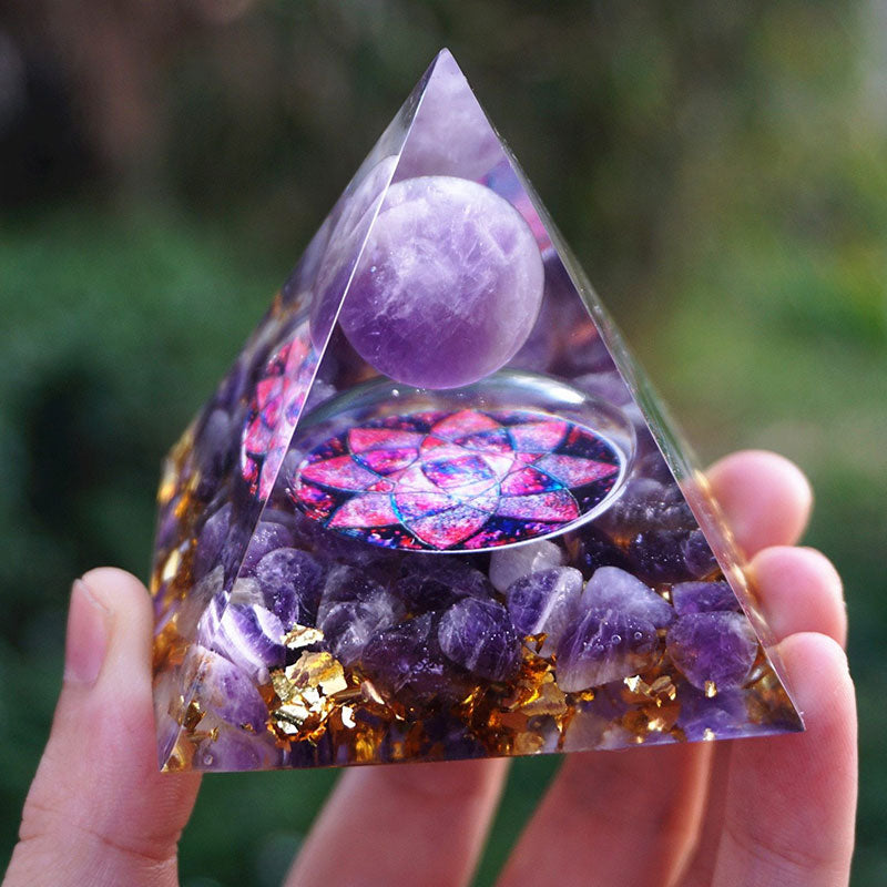 Olivenorma Amethyst Sphere with Amethyst Crystals Orgone Pyramid