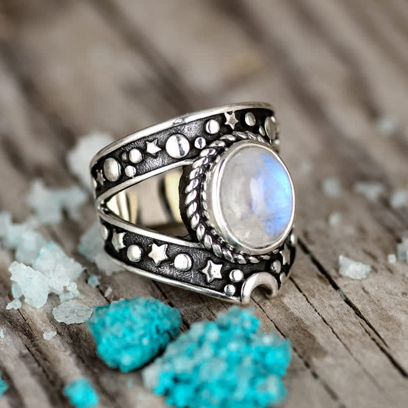 Olivenorma Bohemia Retro Moonstone Moon Star Ring