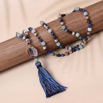 Olivenorma Amazonite Beaded Necklace Tassel Agate Pendant Mala Necklace