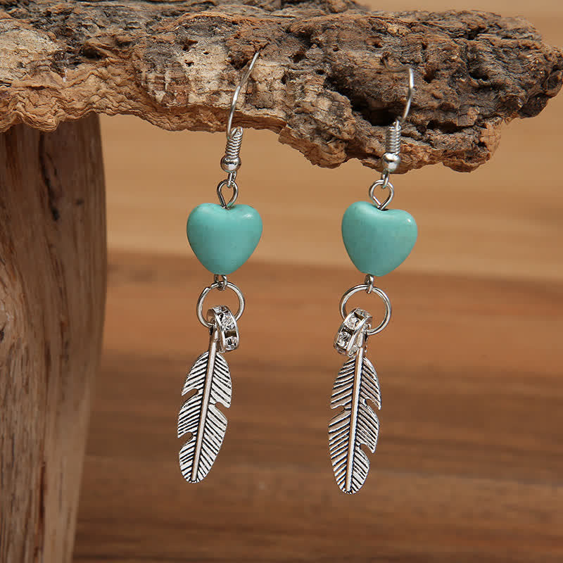 Vintage Heart Turquoise Feather Earrings