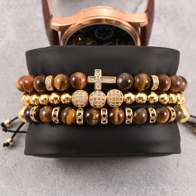 Olivenorma 3Pcs/Set Tiger Eye Stone Beaded Men Cross Bracelet