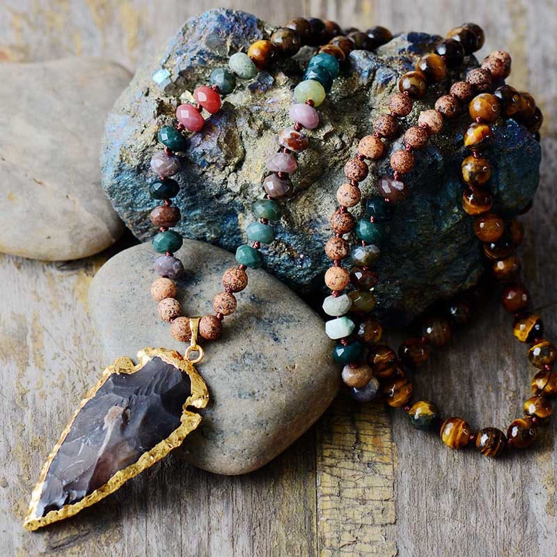 Olivenorma Tiger Eye Obsidian Stone Arrowhead Pendant Mala Necklace