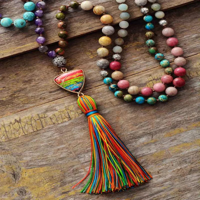 Olivenorma Gorgeous Natural Stones Chakra Triangle Pendant Mala Necklace