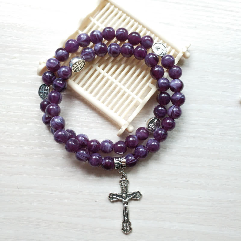 Olivenorma Amethyst Cross Pendant Rosary Bracelet