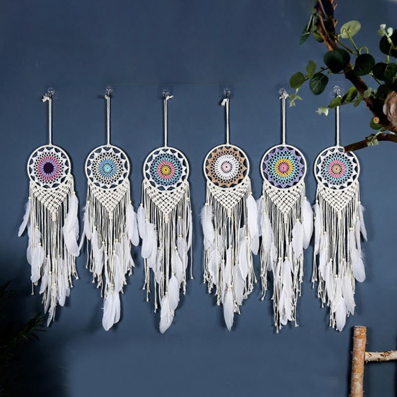 Olivenorma Boho Woven Cotton Rope White Feather Dream Catcher