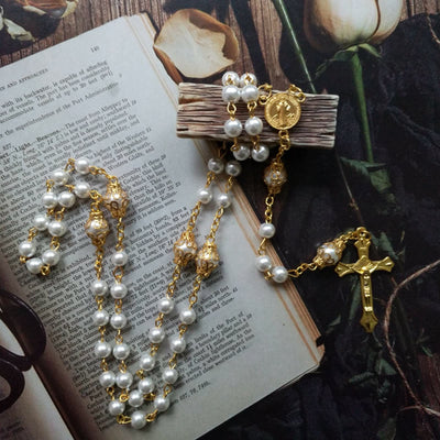 Olivenorma Faux Pearl Cross Pendant Rosary Beads Necklace