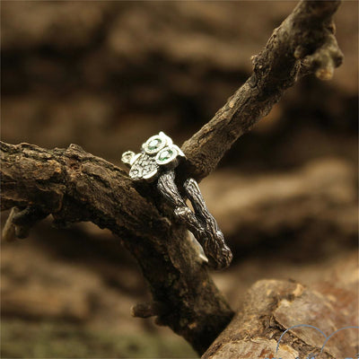 Olivenorma Emerald Owl On The Branch Silver Engagement Ring