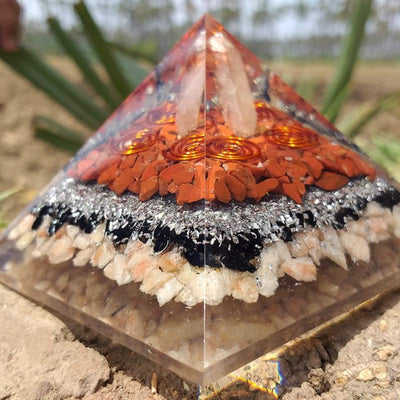 Olivenorma Clear Crysatl Pillar With Sun Stone Orgone Pyramid