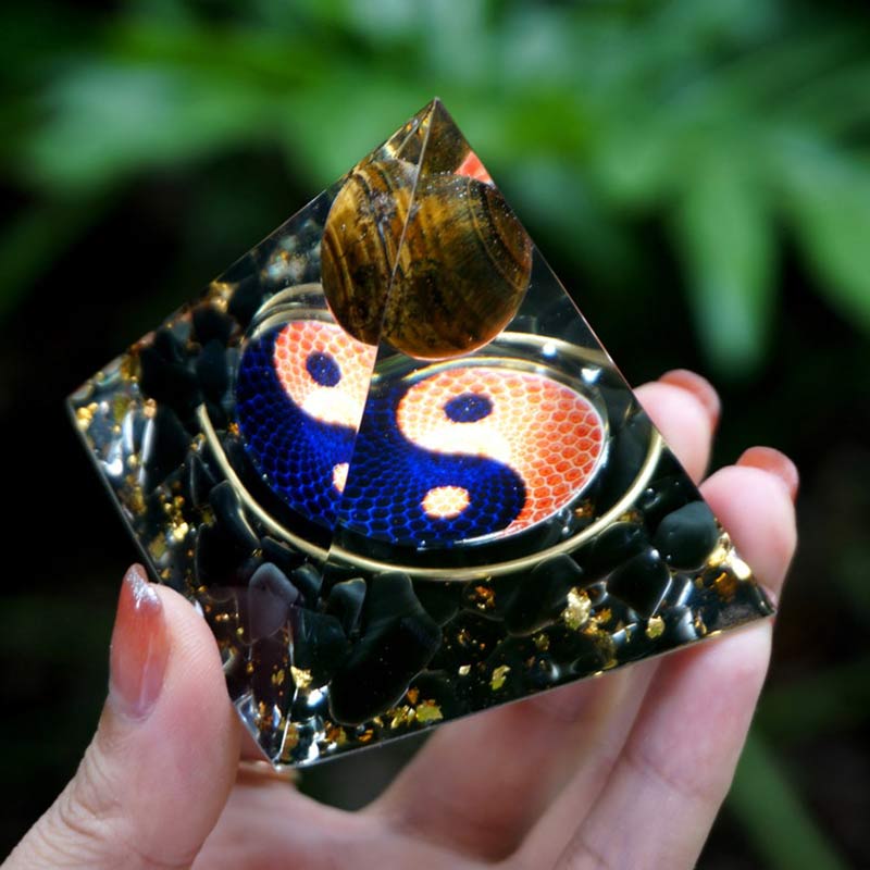 Olivenorma Tiger Eye Sphere With Obsidian Reki Orgone Pyramid