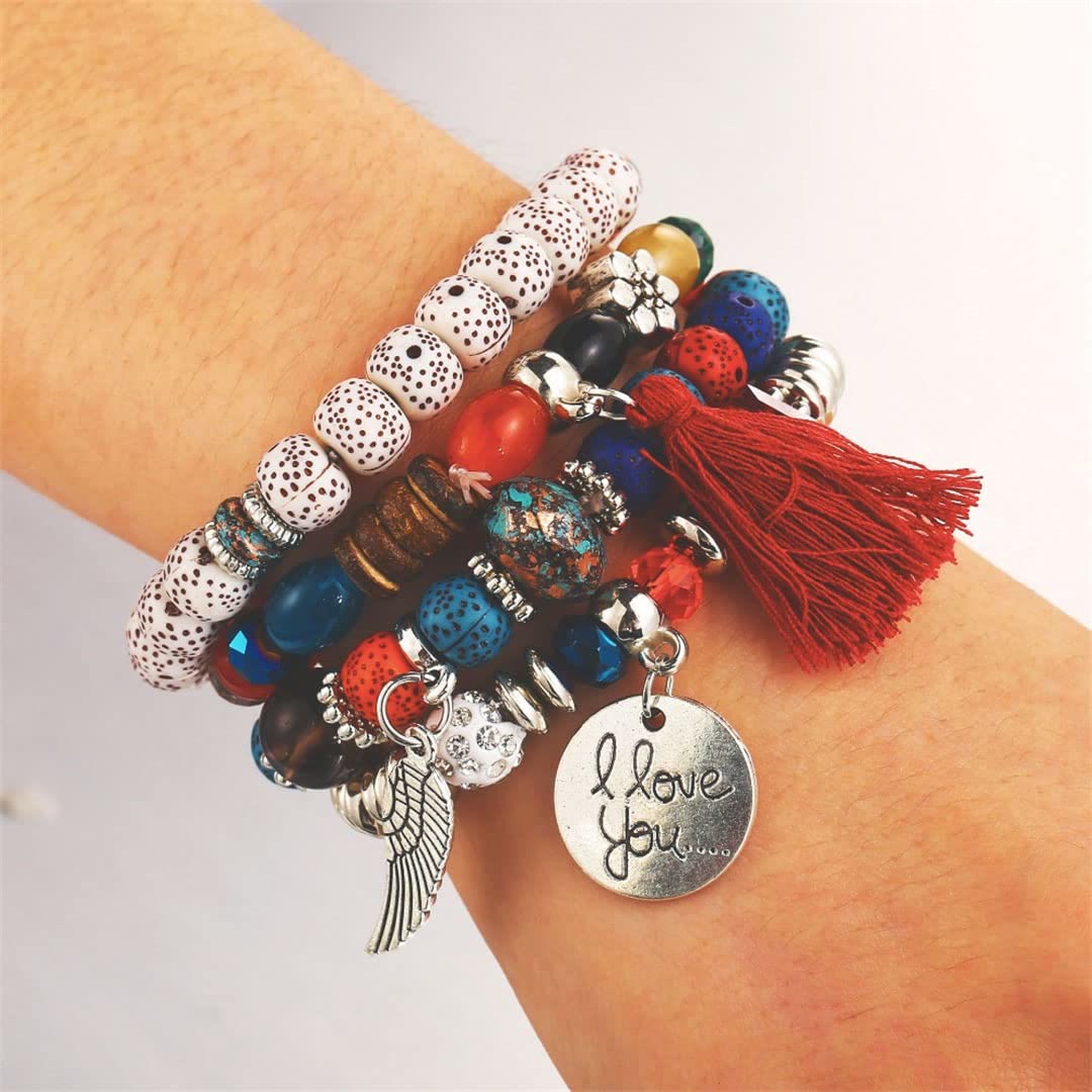 Olivenorma 4pcs Bohemia Bead Tassel Feather Bracelet Set