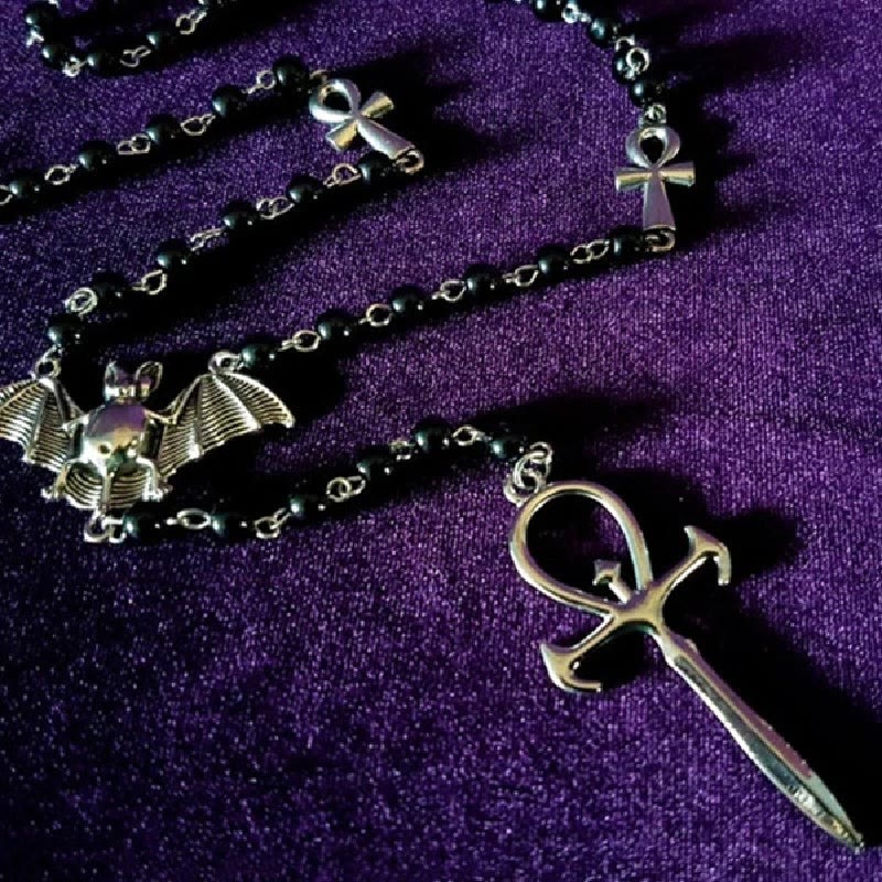 Olivenorma "Mysterious Vampire" Bat Rosary Cross Necklace