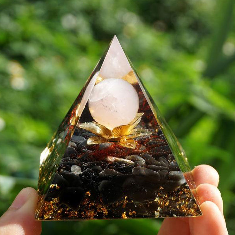 Clear Quartz Obsidian Lotus Symbol Orgone Pyramid