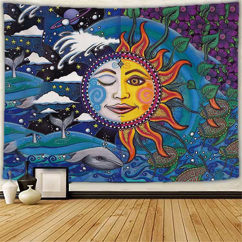 Olivenorma Sun Moon Tattoo Cat Meditation Wall Hanging Tapestry