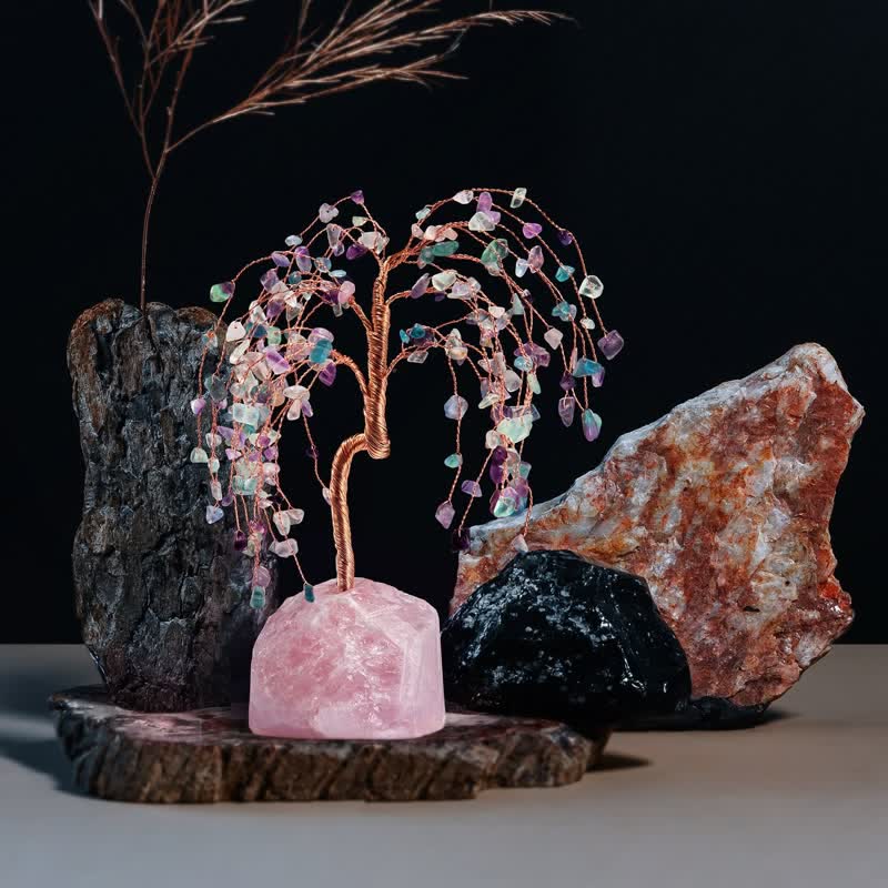 Olivenorma Fluorite Leaves Rose Quartz Base Feng Shui Tree