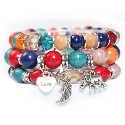 Olivenorma Elephant Wings Heart Pendant Beaded Bracelet Set