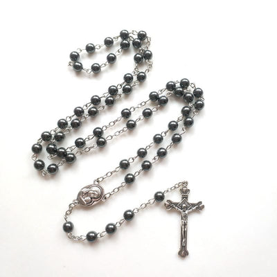 Olivenorma Hematite Holy Medal Cross Pendant Rosary Necklace