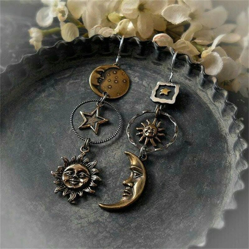 Olivenorma Face Sun Moon Pendant Earrings Bohemian Earrings