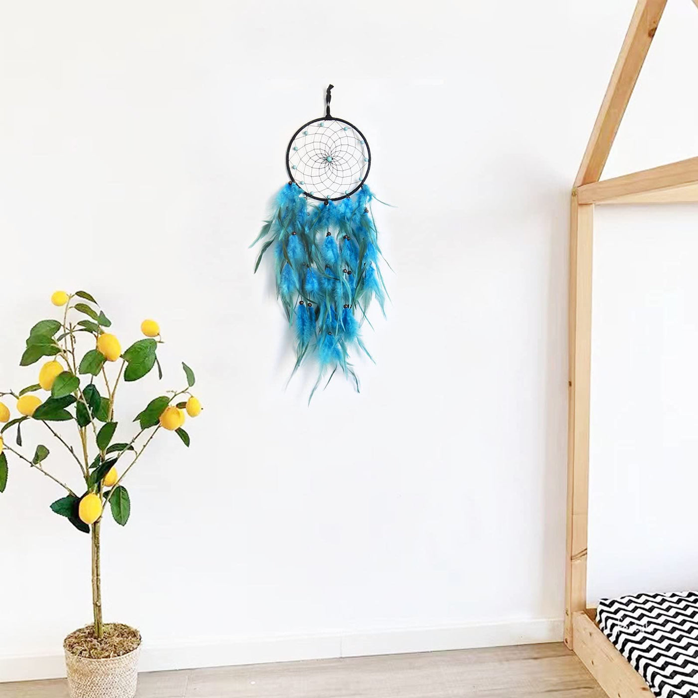 Olivenorma Turquoise Beaded Braided Floral Blue Feather Dream Catcher