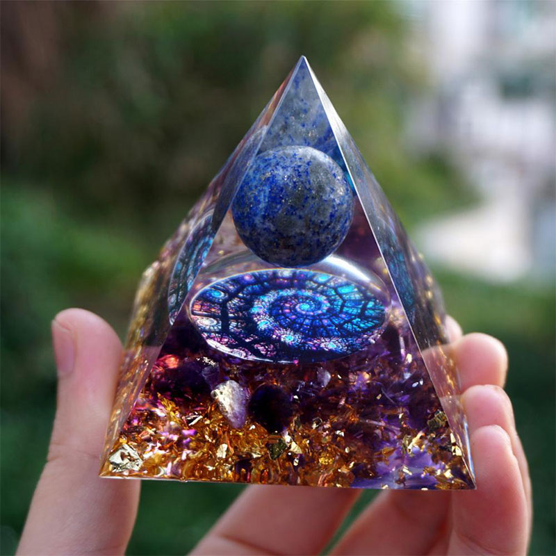 Olivenorma Lapis Lazuli Sphere with Amethyst Orgone Pyramid