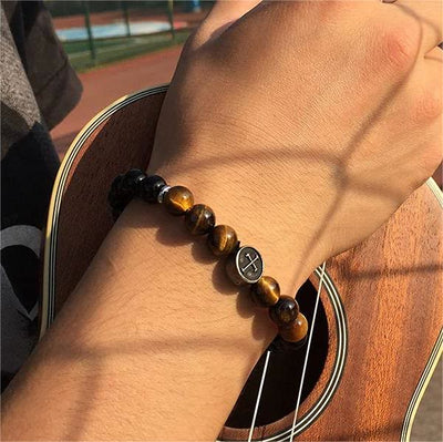 Olivenorma 8mm Natural Tiger Eye Beaded Men Cross Bracelet