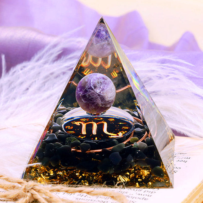 Olivenorma Amethyst Sphere With Obsidian Zodiac Scorpio Orgone Pyramid