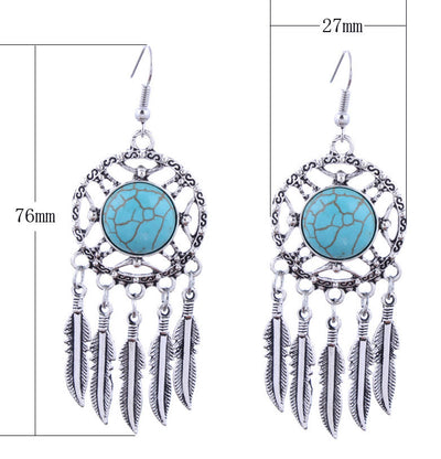 Olivenorma Turquoise Silver Feather Tassel Earrings