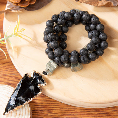 Olivenorma Obsidian Lava Stone Arrow Pendant Mala Necklace