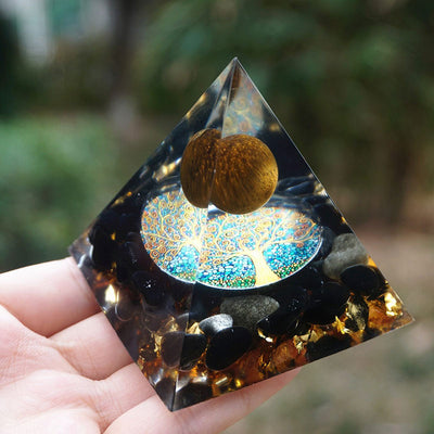 Olivenorma Tiger Eye Sphere & Obsidian Protection Orgone Pyramid