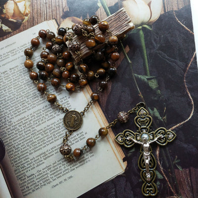 Olivenorma Grade A Tiger Eye Cross Pendant Rosary Necklace