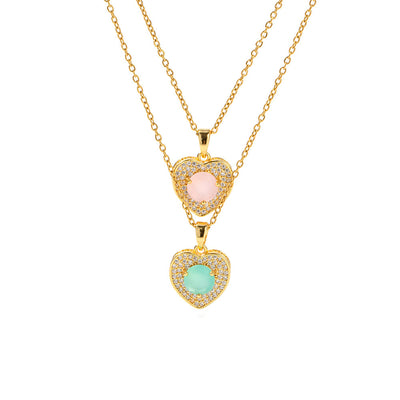 Olivenorma Pink Opal Amazonite Gold Heart Pendant Necklace