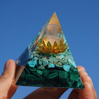 Olivenorma Clear Crystal Turquoise Malachite Lotus Symbol Orgone Pyramid