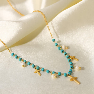 Olivenorma Turquoise Pearl Cross Pendant Tassel Necklace