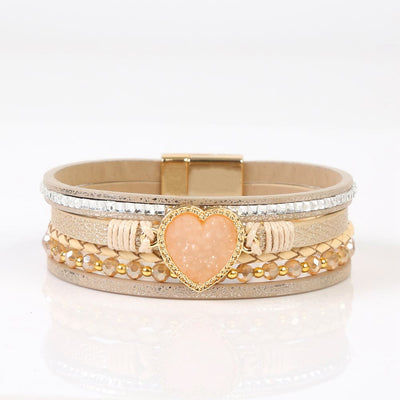 Olivenorma Heart Shape Cluster Multilayer Braided Leather Bracelet