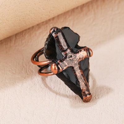 Olivenorma Natural Obsidian Shield Cross Shape Ring