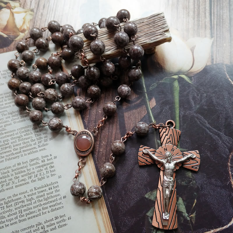 Olivenorma Snowflake Obsidian Jesus Cross Rosary Necklace