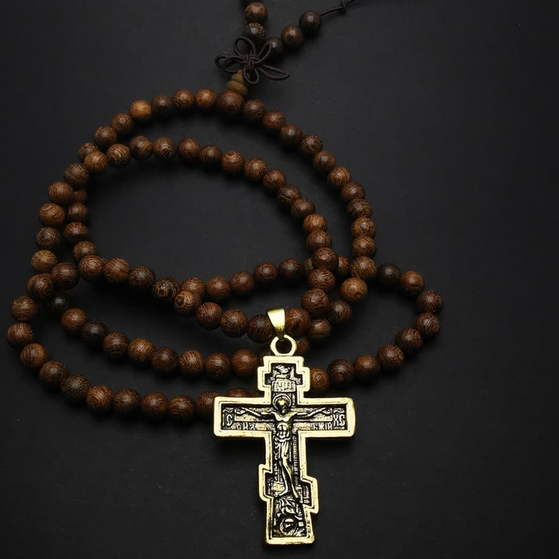 Olivenorma Cross Pendant Wooden Beads Rosary Necklace