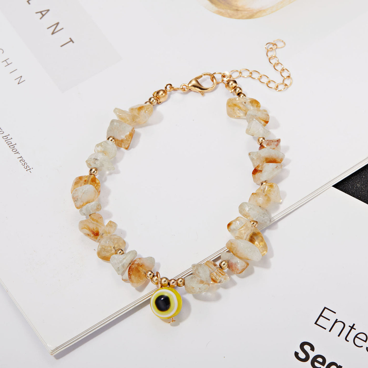 Olivenorma Natural Crystal Gravel Evil Eye Pendant Bracelet