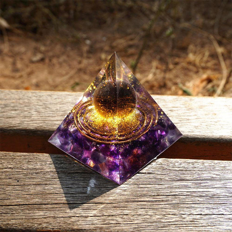 Olivenorma Tiger Eye Crystal Ball with Amethyst Orgone Pyramid